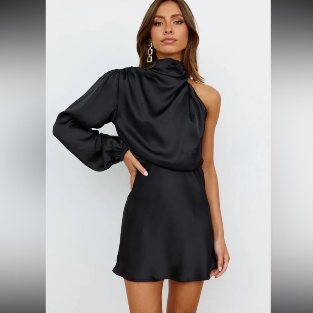 Hello Molly Satin One Sleeve Black Dress